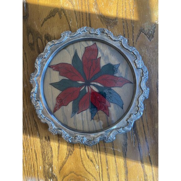 Vintage Wm Rogers Silver Round Stained Glass Poinsettia Art In Ornate Metal Fram - Picture 1 of 8